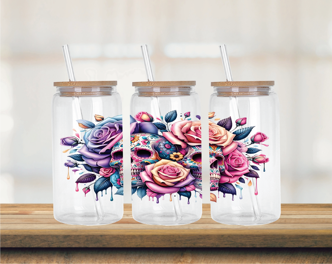16oz Glass Can Sugar Skull w/ Roses