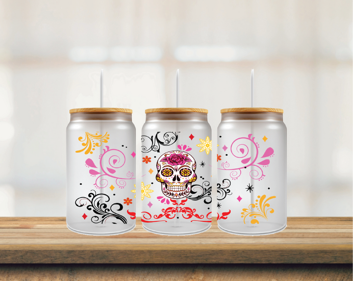 16oz Glass Can Sugar Skull Pink Swirls