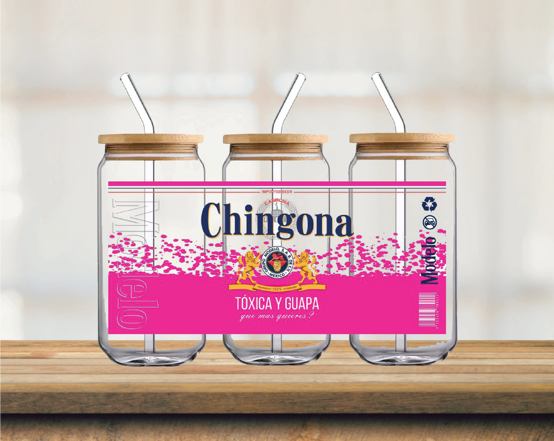 16oz Glass Can Football Chingona Pink