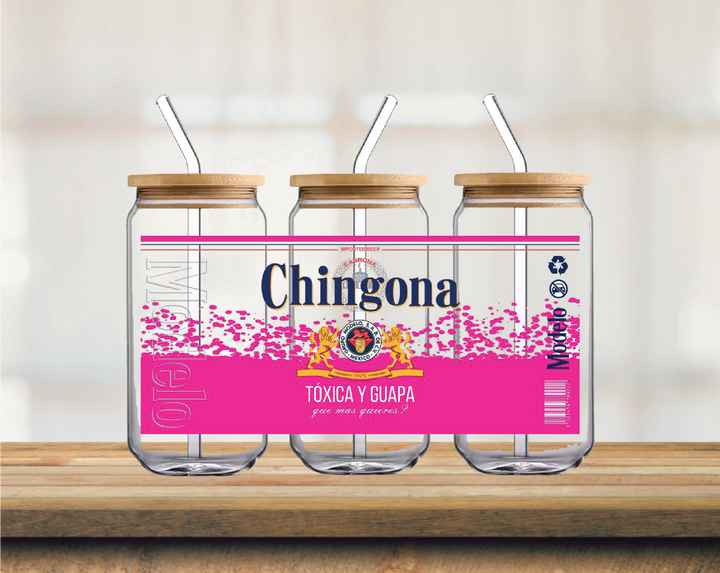 16oz Glass Can Football Chingona Pink
